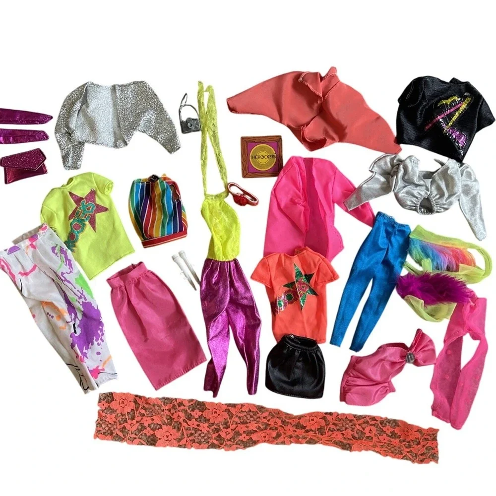 Vtg Rockers Barbie Clothes Lot 80s Neon Accessories Lot Short Tights‎ Fur Skirts
